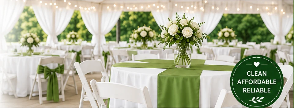 Outdoor party tables and white chairs decorated in green and white